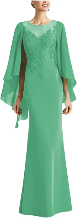 Women's Sheath Mother of The Bride Elegant Dress Jewel Neck Long Chiffon Wedding Guest Dress with Appliques