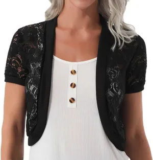 Womens Short Sleeve Bolero Shrug Open Front Floral Lace Summer Sheer Cropped Cardigan