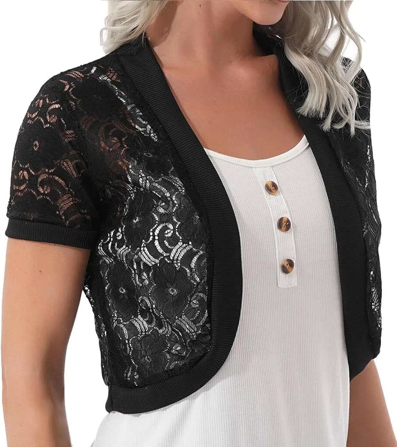 Womens Short Sleeve Bolero Shrug Open Front Floral Lace Summer Sheer Cropped Cardigan