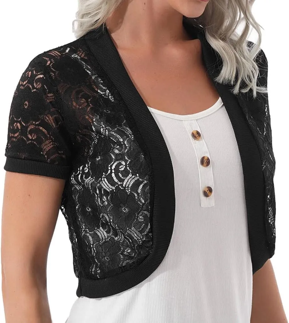 Womens Short Sleeve Bolero Shrug Open Front Floral Lace Summer Sheer Cropped Cardigan
