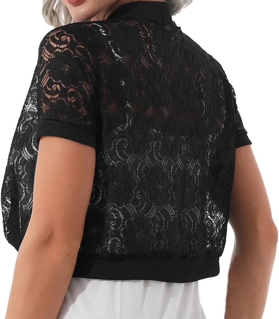 Womens Short Sleeve Bolero Shrug Open Front Floral Lace Summer Sheer Cropped Cardigan