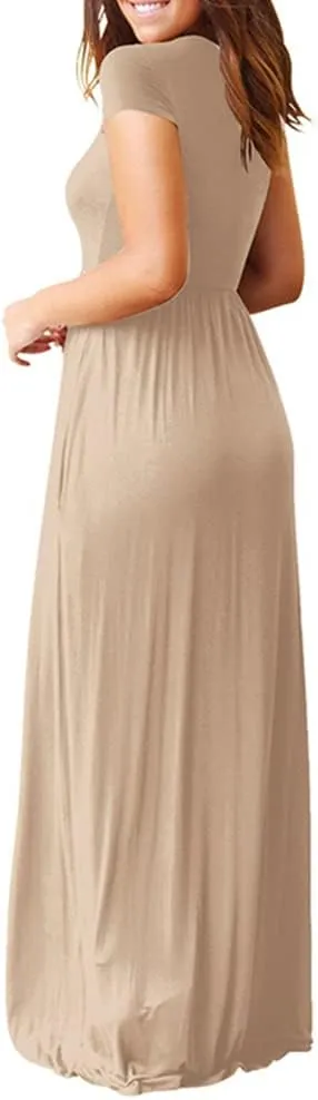 Womens Short Sleeve Plain Maxi Dresses 2024 Casual Empire Waist Long Dresses Loose Summer Soft Skirts with Pockets