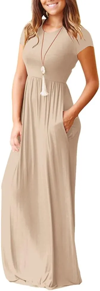 Womens Short Sleeve Plain Maxi Dresses 2024 Casual Empire Waist Long Dresses Loose Summer Soft Skirts with Pockets