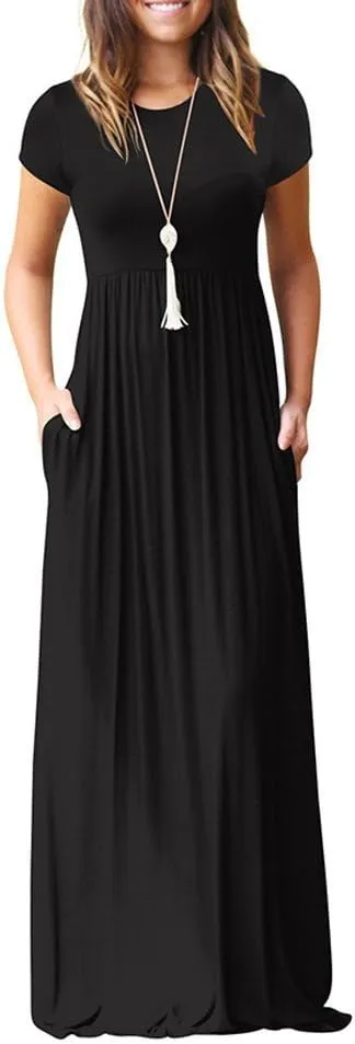 Womens Short Sleeve Plain Maxi Dresses 2024 Casual Empire Waist Long Dresses Loose Summer Soft Skirts with Pockets