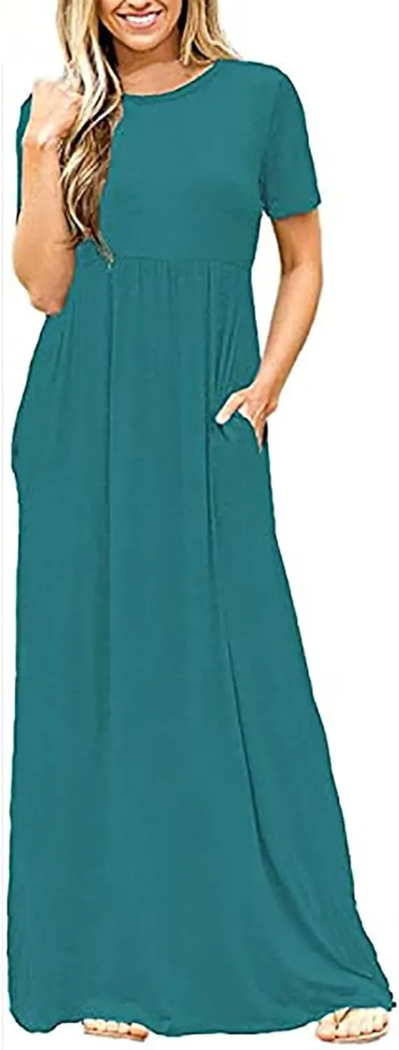 Womens Short Sleeve Plain Maxi Dresses 2024 Casual Empire Waist Long Dresses Loose Summer Soft Skirts with Pockets