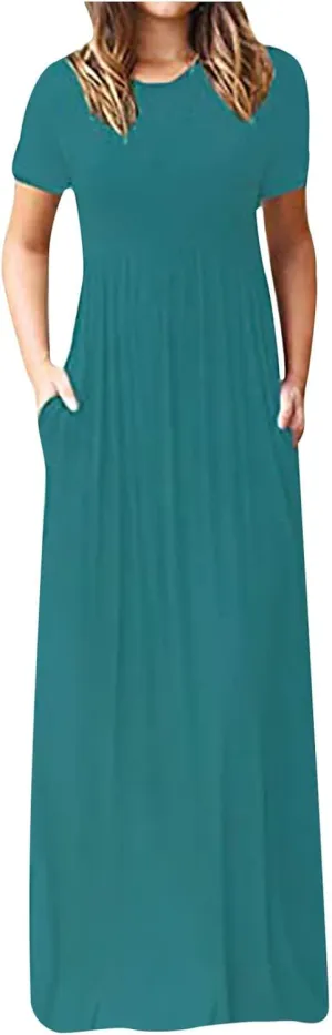 Womens Short Sleeve Plain Maxi Dresses 2024 Casual Empire Waist Long Dresses Loose Summer Soft Skirts with Pockets