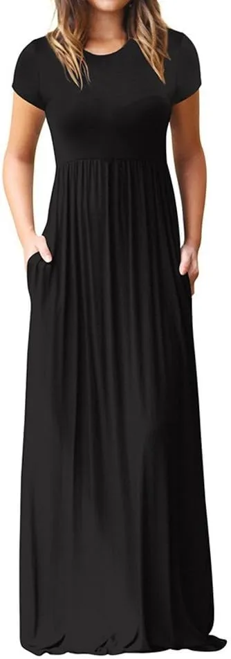 Womens Short Sleeve Plain Maxi Dresses 2024 Casual Empire Waist Long Dresses Loose Summer Soft Skirts with Pockets