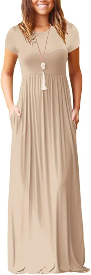 Womens Short Sleeve Plain Maxi Dresses 2024 Casual Empire Waist Long Dresses Loose Summer Soft Skirts with Pockets