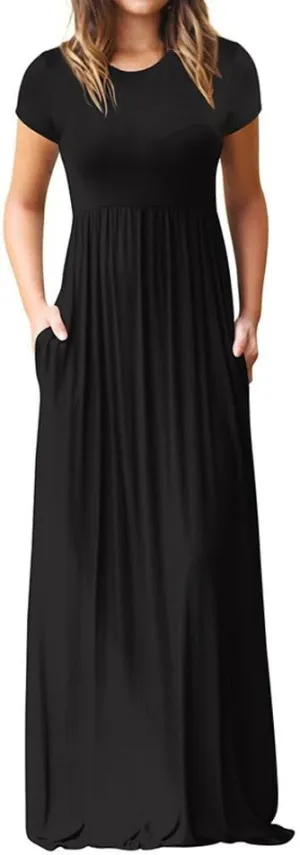 Womens Short Sleeve Plain Maxi Dresses 2024 Casual Empire Waist Long Dresses Loose Summer Soft Skirts with Pockets