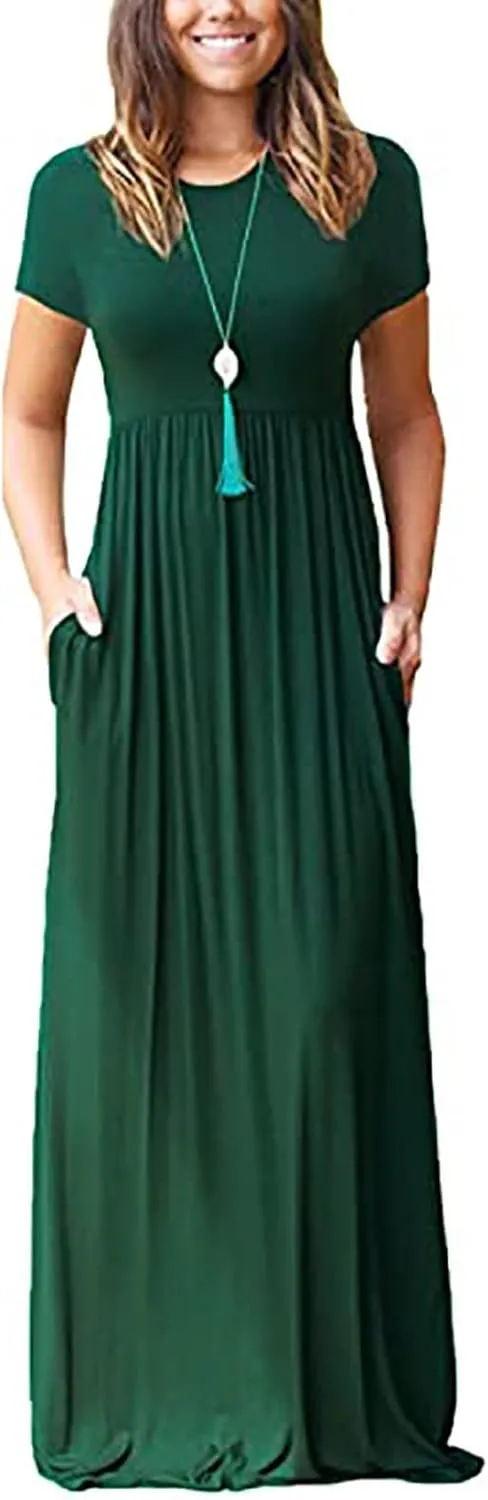 Womens Short Sleeve Plain Maxi Dresses 2024 Casual Empire Waist Long Dresses Loose Summer Soft Skirts with Pockets