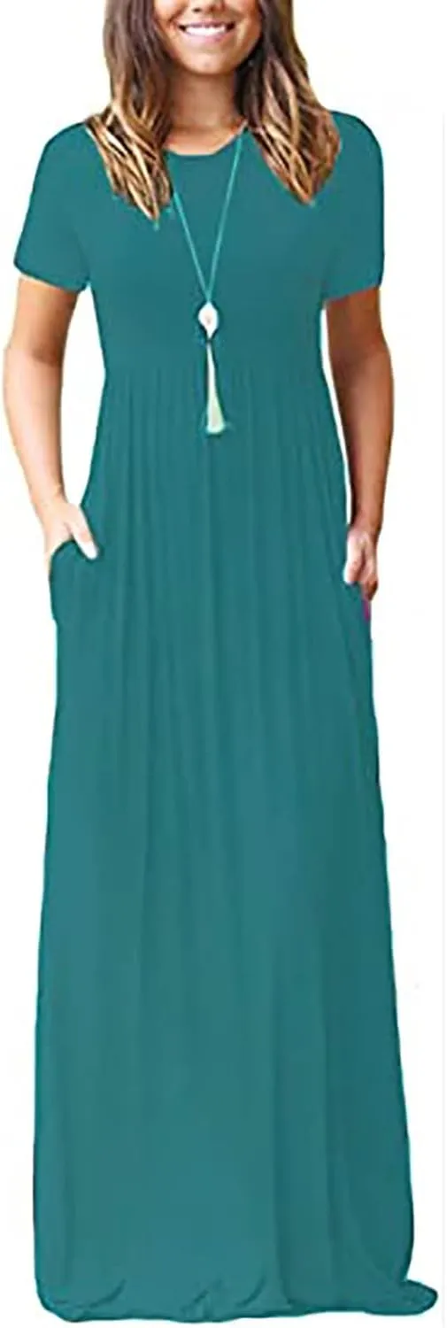 Womens Short Sleeve Plain Maxi Dresses 2024 Casual Empire Waist Long Dresses Loose Summer Soft Skirts with Pockets