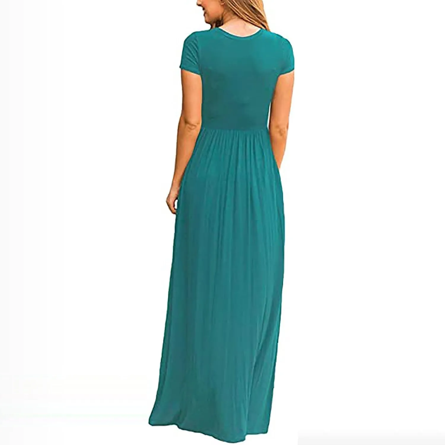 Womens Short Sleeve Plain Maxi Dresses 2024 Casual Empire Waist Long Dresses Loose Summer Soft Skirts with Pockets