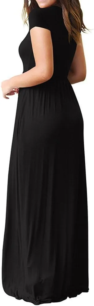 Womens Short Sleeve Plain Maxi Dresses 2024 Casual Empire Waist Long Dresses Loose Summer Soft Skirts with Pockets