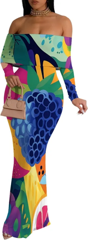 Women's Sleeve Dress Off The Shoulder Long Bodycon Fit Floral Pattern Maxi Casual Sexy Boho Length Dresses