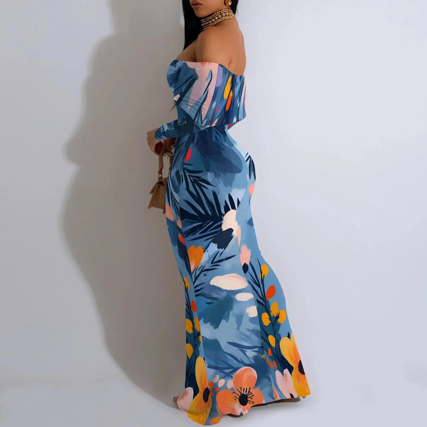 Women's Sleeve Dress Off The Shoulder Long Bodycon Fit Floral Pattern Maxi Casual Sexy Boho Length Dresses