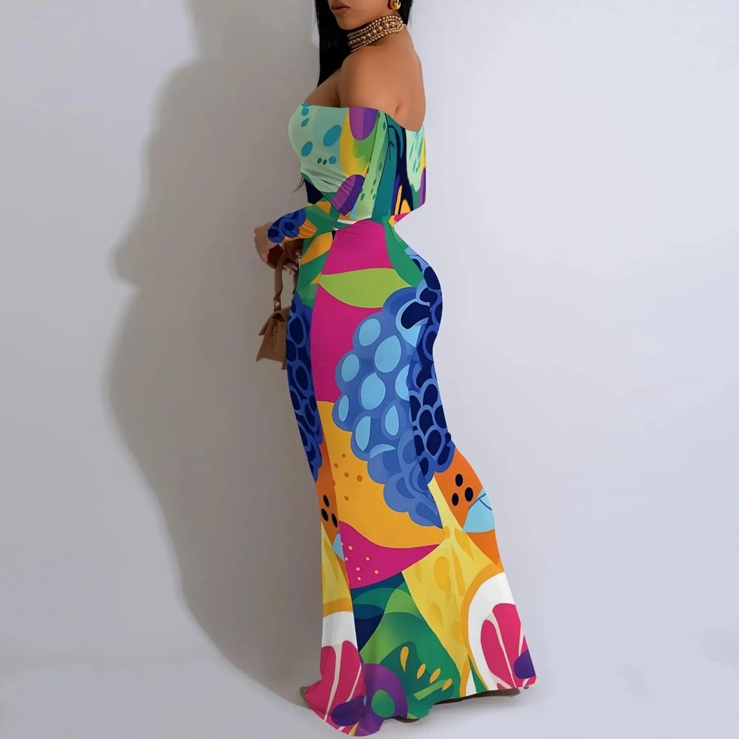 Women's Sleeve Dress Off The Shoulder Long Bodycon Fit Floral Pattern Maxi Casual Sexy Boho Length Dresses