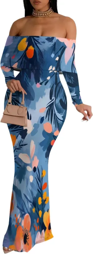 Women's Sleeve Dress Off The Shoulder Long Bodycon Fit Floral Pattern Maxi Casual Sexy Boho Length Dresses