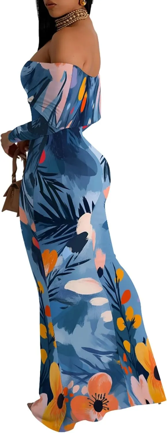 Women's Sleeve Dress Off The Shoulder Long Bodycon Fit Floral Pattern Maxi Casual Sexy Boho Length Dresses