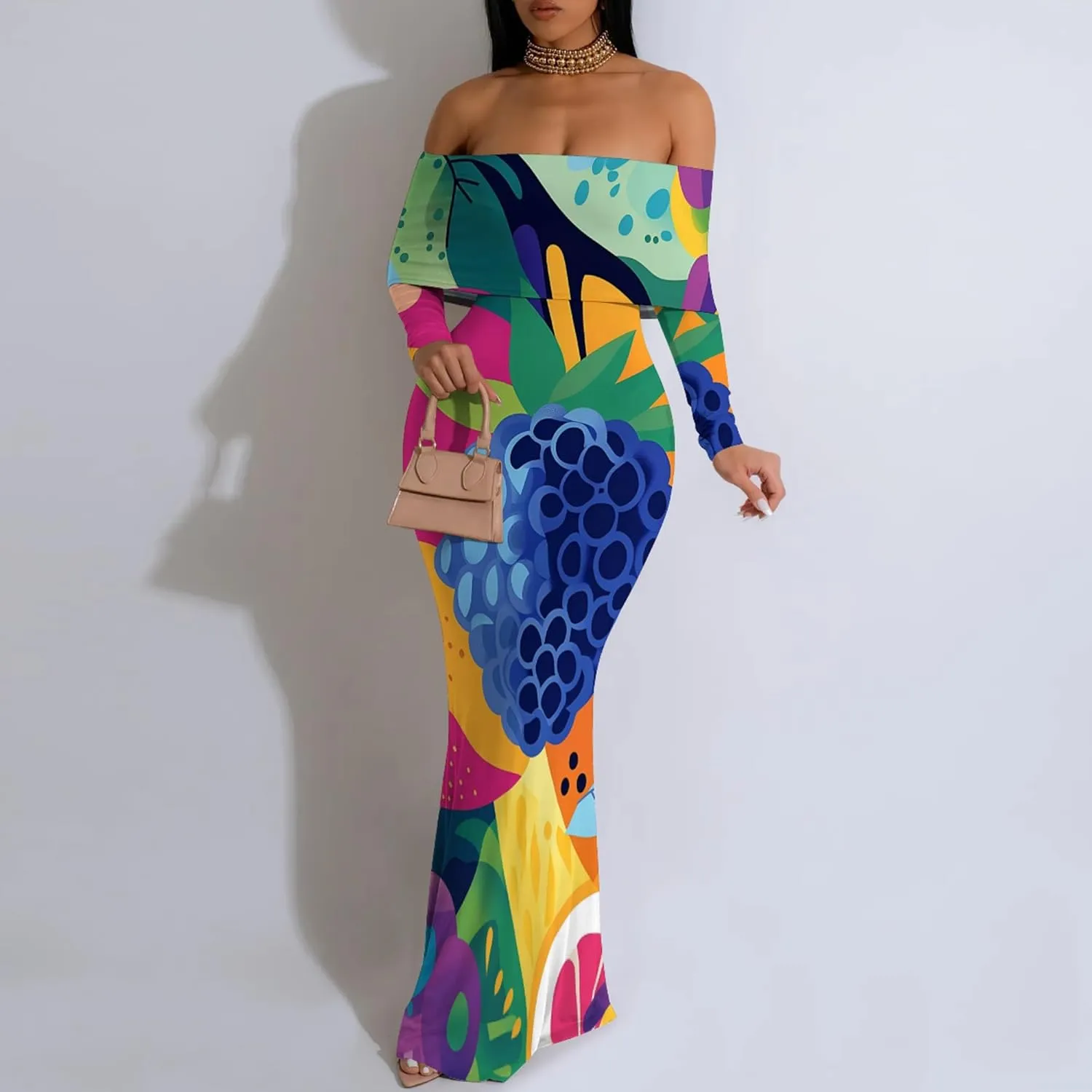 Women's Sleeve Dress Off The Shoulder Long Bodycon Fit Floral Pattern Maxi Casual Sexy Boho Length Dresses