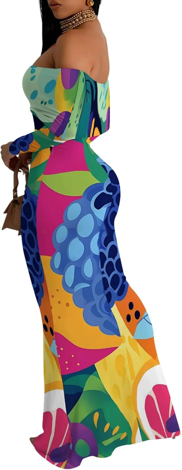 Women's Sleeve Dress Off The Shoulder Long Bodycon Fit Floral Pattern Maxi Casual Sexy Boho Length Dresses