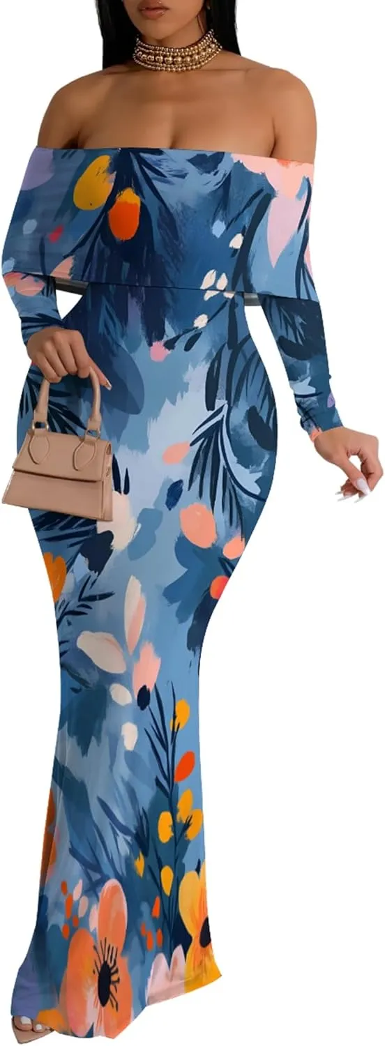 Women's Sleeve Dress Off The Shoulder Long Bodycon Fit Floral Pattern Maxi Casual Sexy Boho Length Dresses