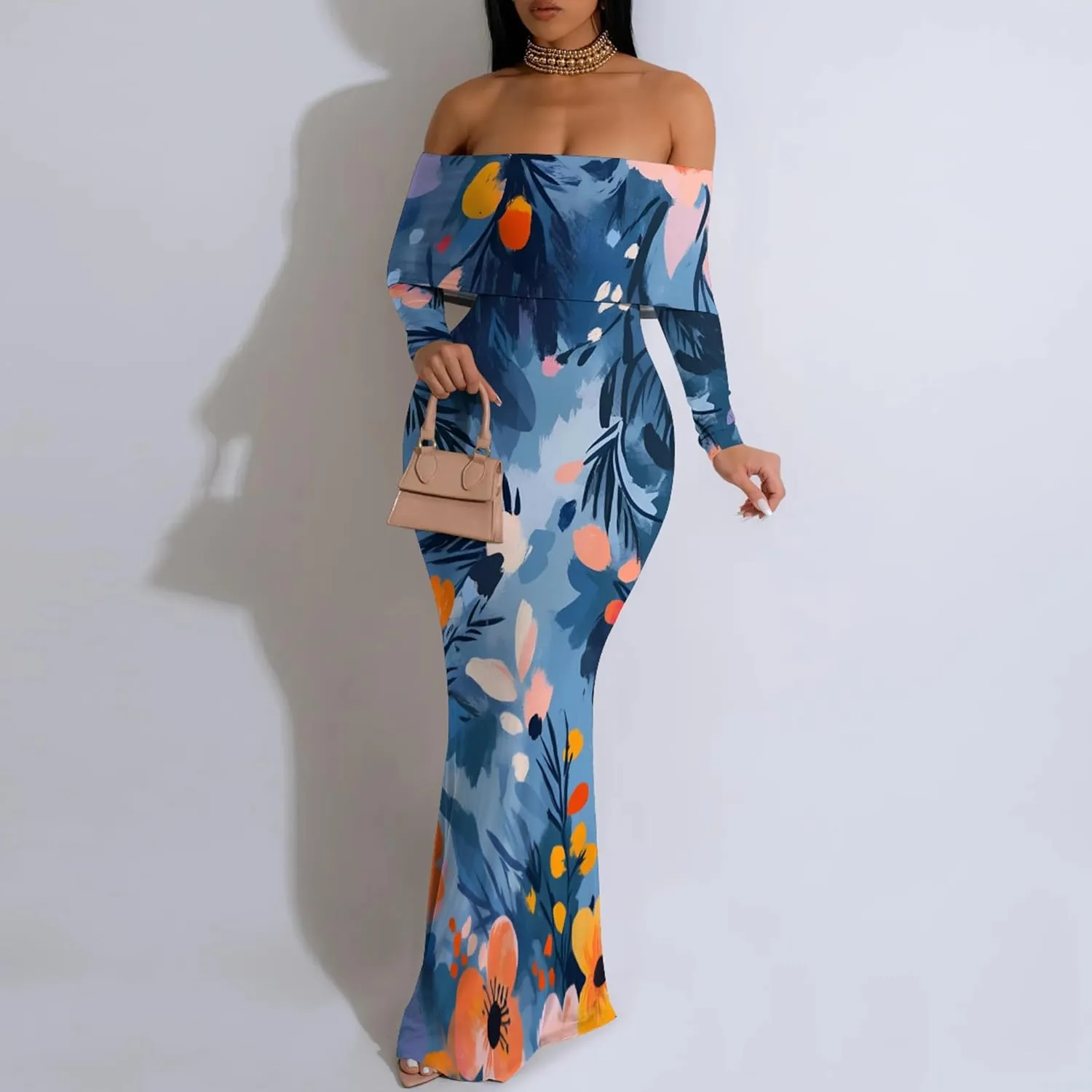 Women's Sleeve Dress Off The Shoulder Long Bodycon Fit Floral Pattern Maxi Casual Sexy Boho Length Dresses
