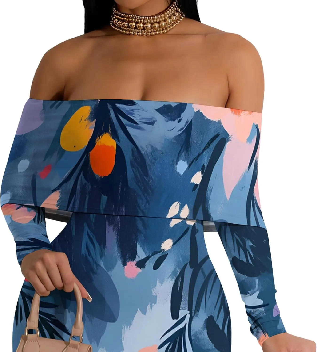 Women's Sleeve Dress Off The Shoulder Long Bodycon Fit Floral Pattern Maxi Casual Sexy Boho Length Dresses