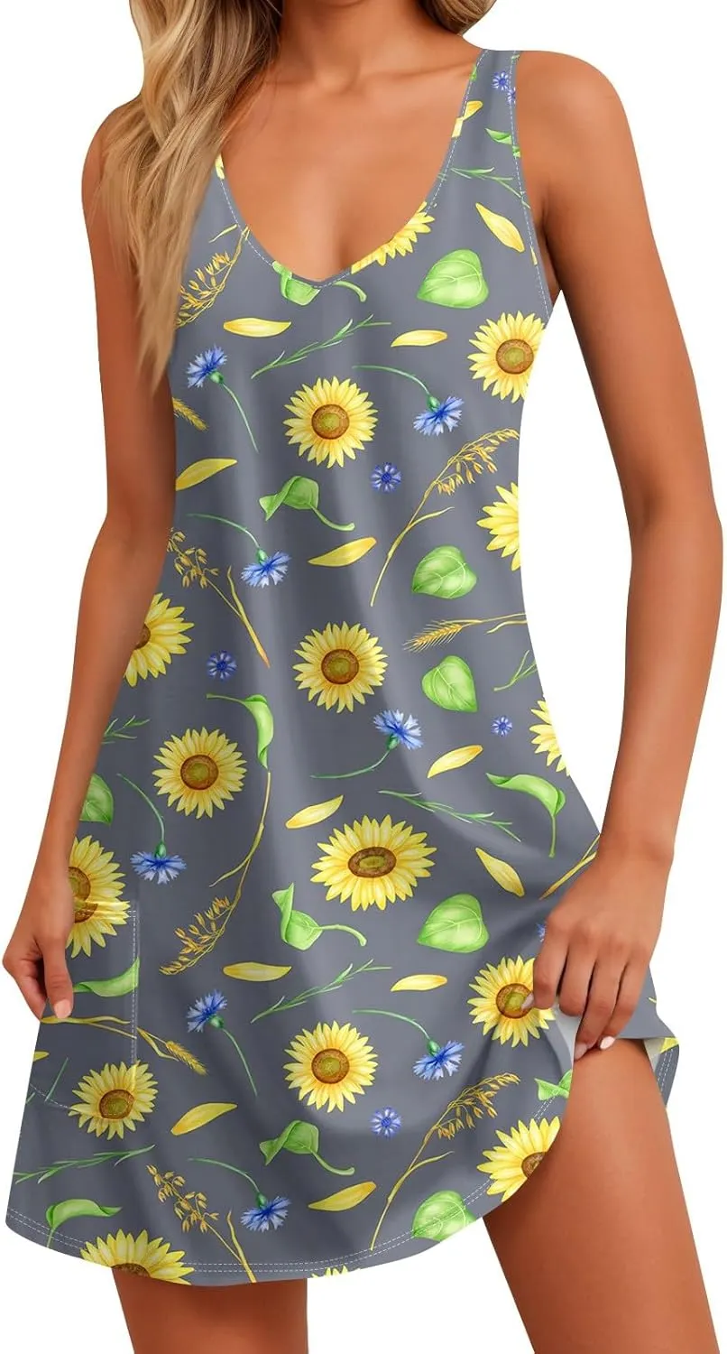 Women's Sleeveless Sunflower Print Summer Dress Casual V-Neck A-Line Summer for Beach and Daily Wear