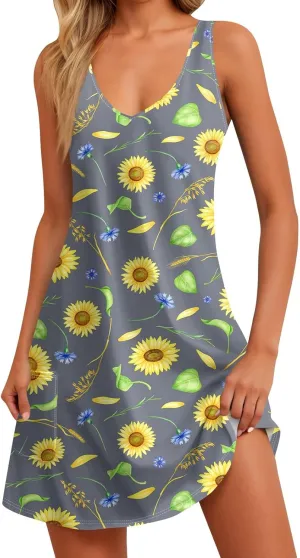 Women's Sleeveless Sunflower Print Summer Dress Casual V-Neck A-Line Summer for Beach and Daily Wear
