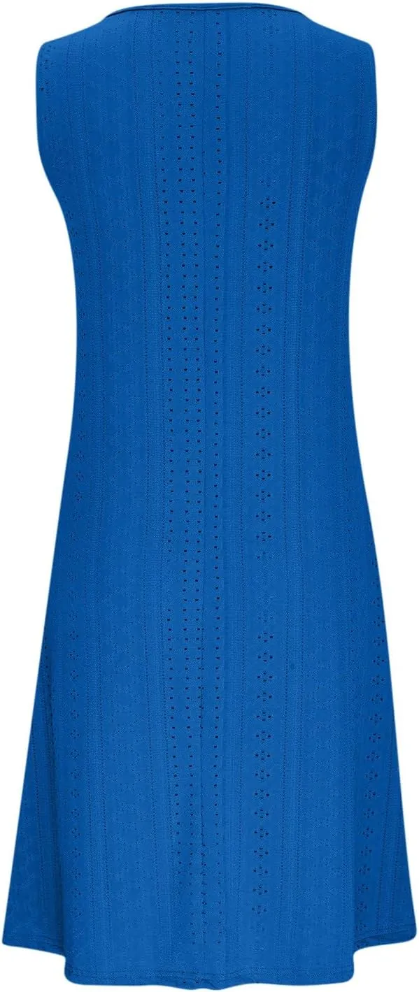 Women's Sleeveless V Neck Eyelet Dress Summer Casual Loose Fit Midi Sundress Elegant Beach Vacation Outfit