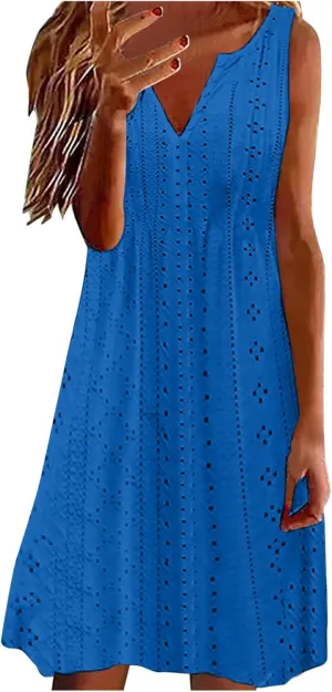 Women's Sleeveless V Neck Eyelet Dress Summer Casual Loose Fit Midi Sundress Elegant Beach Vacation Outfit