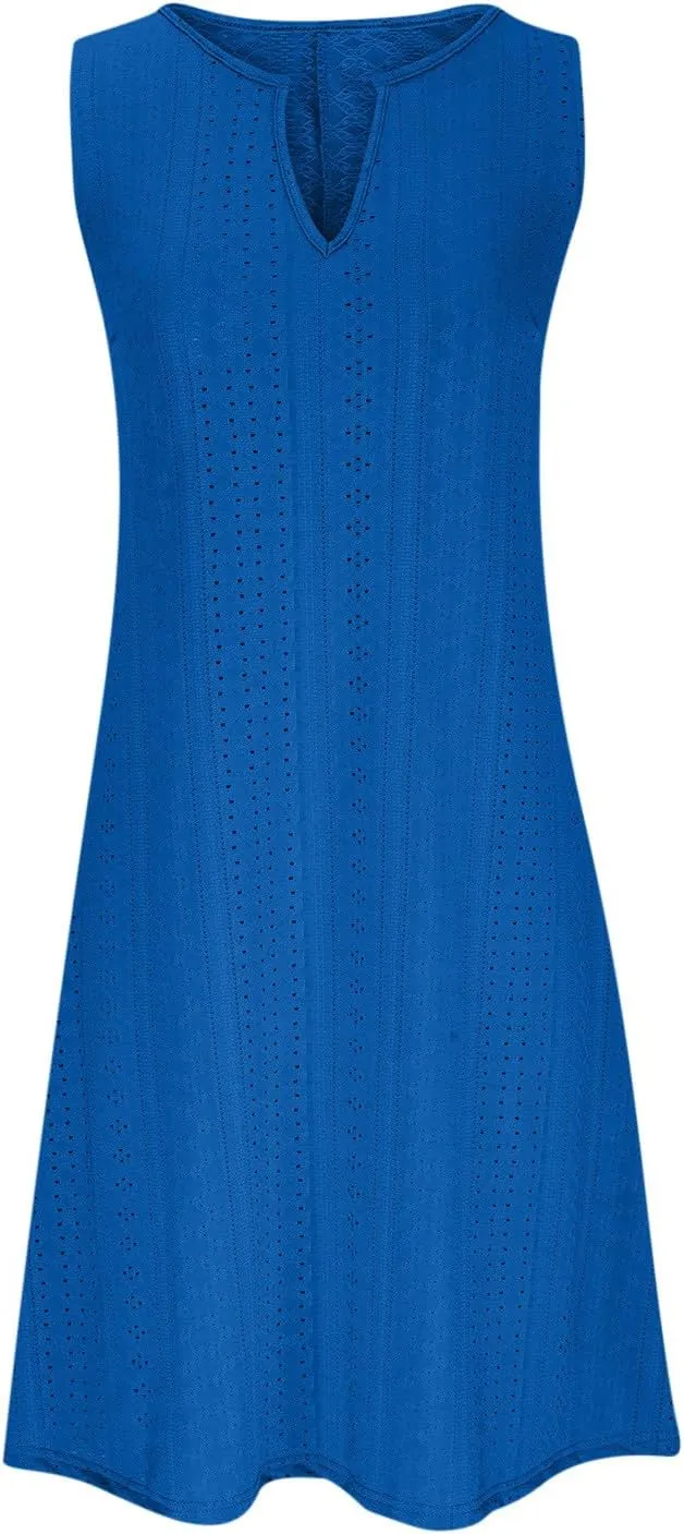 Women's Sleeveless V Neck Eyelet Dress Summer Casual Loose Fit Midi Sundress Elegant Beach Vacation Outfit