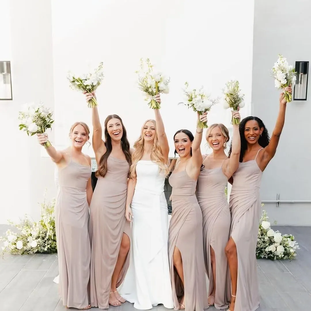 Women's Spaghetti Straps Mermaid Bridesmaid Dresses Long Cowl Neck Chiffon Formal Dresses with Slit MR36