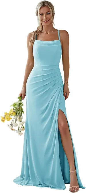 Women's Spaghetti Straps Mermaid Bridesmaid Dresses Long Cowl Neck Chiffon Formal Dresses with Slit MR36