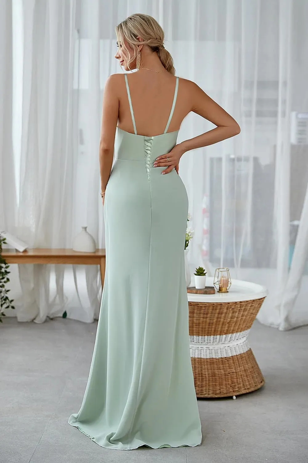 Women's Spaghetti Straps Mermaid Bridesmaid Dresses Long Cowl Neck Chiffon Formal Dresses with Slit MR36