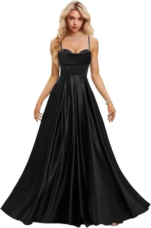 Womens Spaghetti Straps Prom Dresses Pleated Long Formal Party Dress for Teens 2023 Satin Evening Ball Gowns