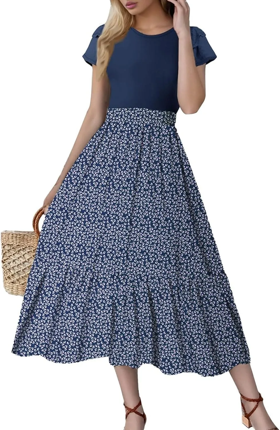 Women's Summer 2025 Elegant Floral Print High Waist Dress Ruffle Short Sleeve Casual A-Line Floral Print Long Flowy Dresses