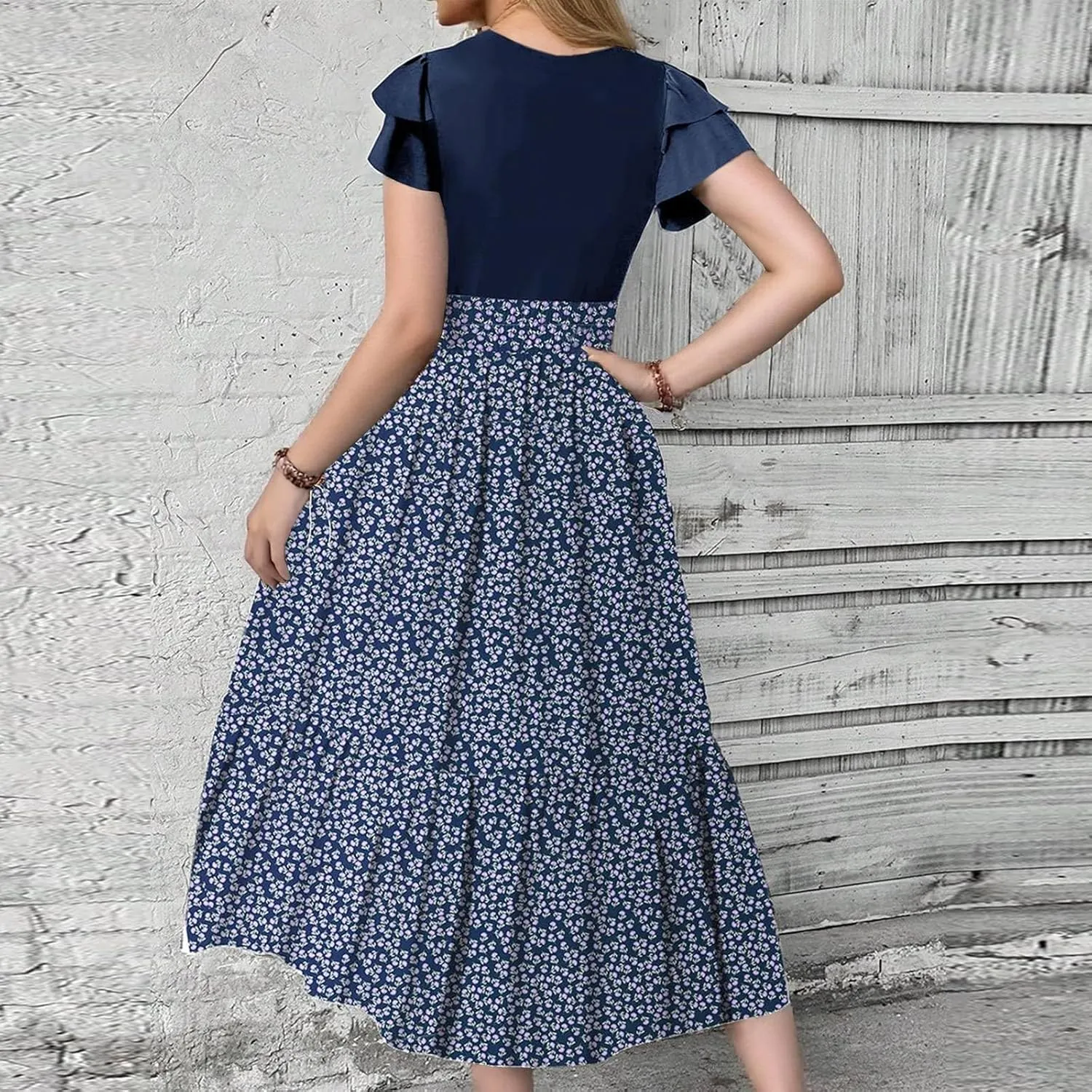 Women's Summer 2025 Elegant Floral Print High Waist Dress Ruffle Short Sleeve Casual A-Line Floral Print Long Flowy Dresses