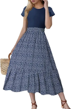Women's Summer 2025 Elegant Floral Print High Waist Dress Ruffle Short Sleeve Casual A-Line Floral Print Long Flowy Dresses