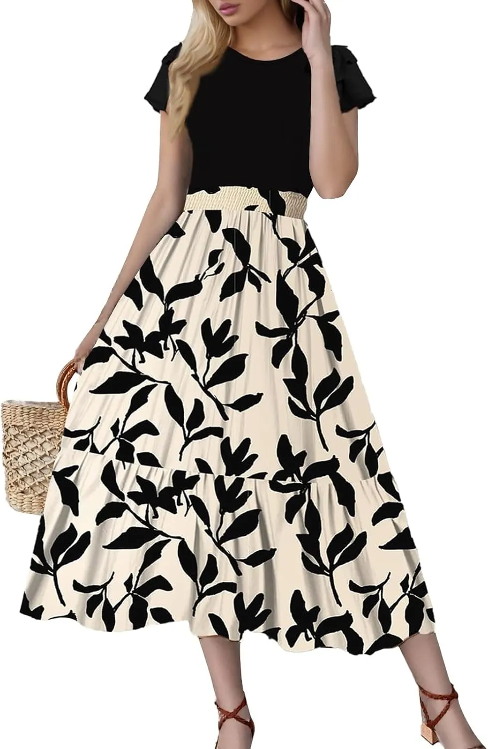 Women's Summer 2025 Elegant Floral Print High Waist Dress Ruffle Short Sleeve Casual A-Line Floral Print Long Flowy Dresses