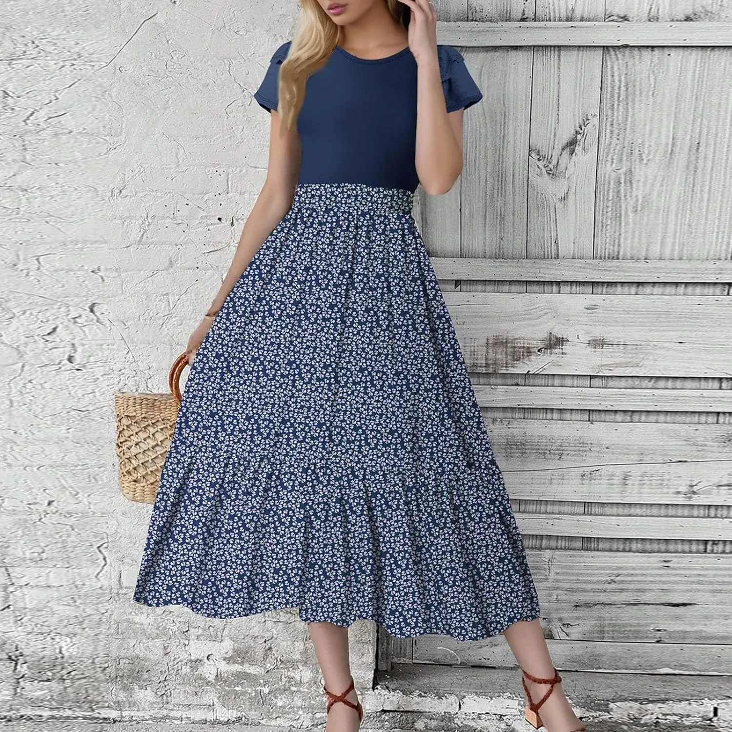Women's Summer 2025 Elegant Floral Print High Waist Dress Ruffle Short Sleeve Casual A-Line Floral Print Long Flowy Dresses