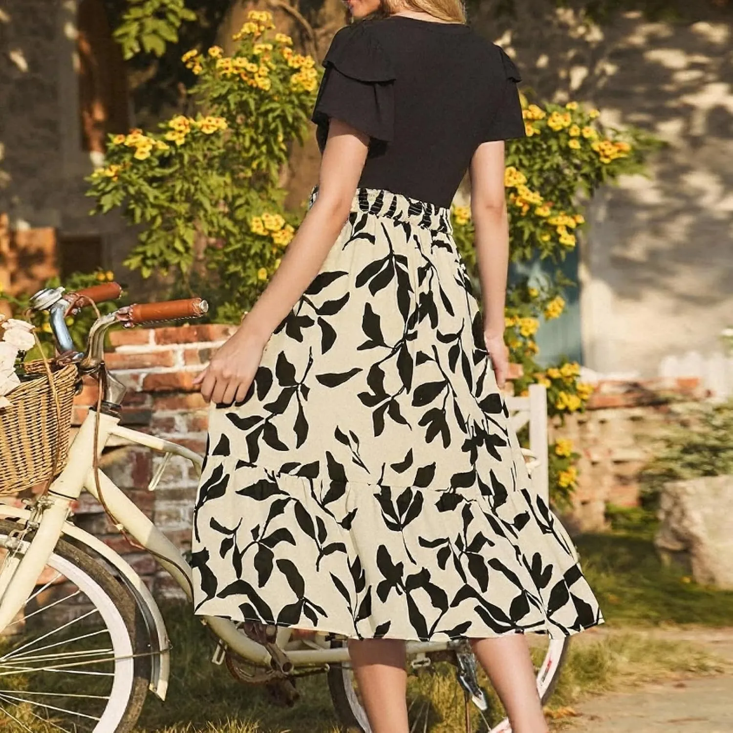 Women's Summer 2025 Elegant Floral Print High Waist Dress Ruffle Short Sleeve Casual A-Line Floral Print Long Flowy Dresses