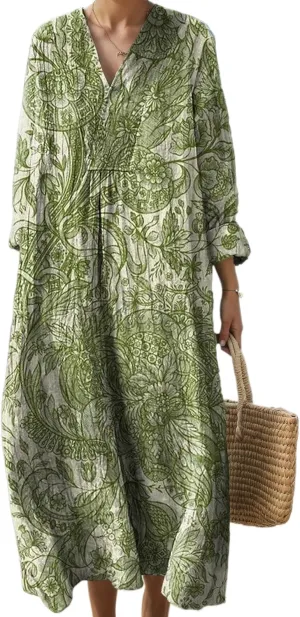 Women's Summer Boho Floral Long Sleeve V-Neck Midi Dress Casual Loose Colorful Beach Vacation Dress with Pockets
