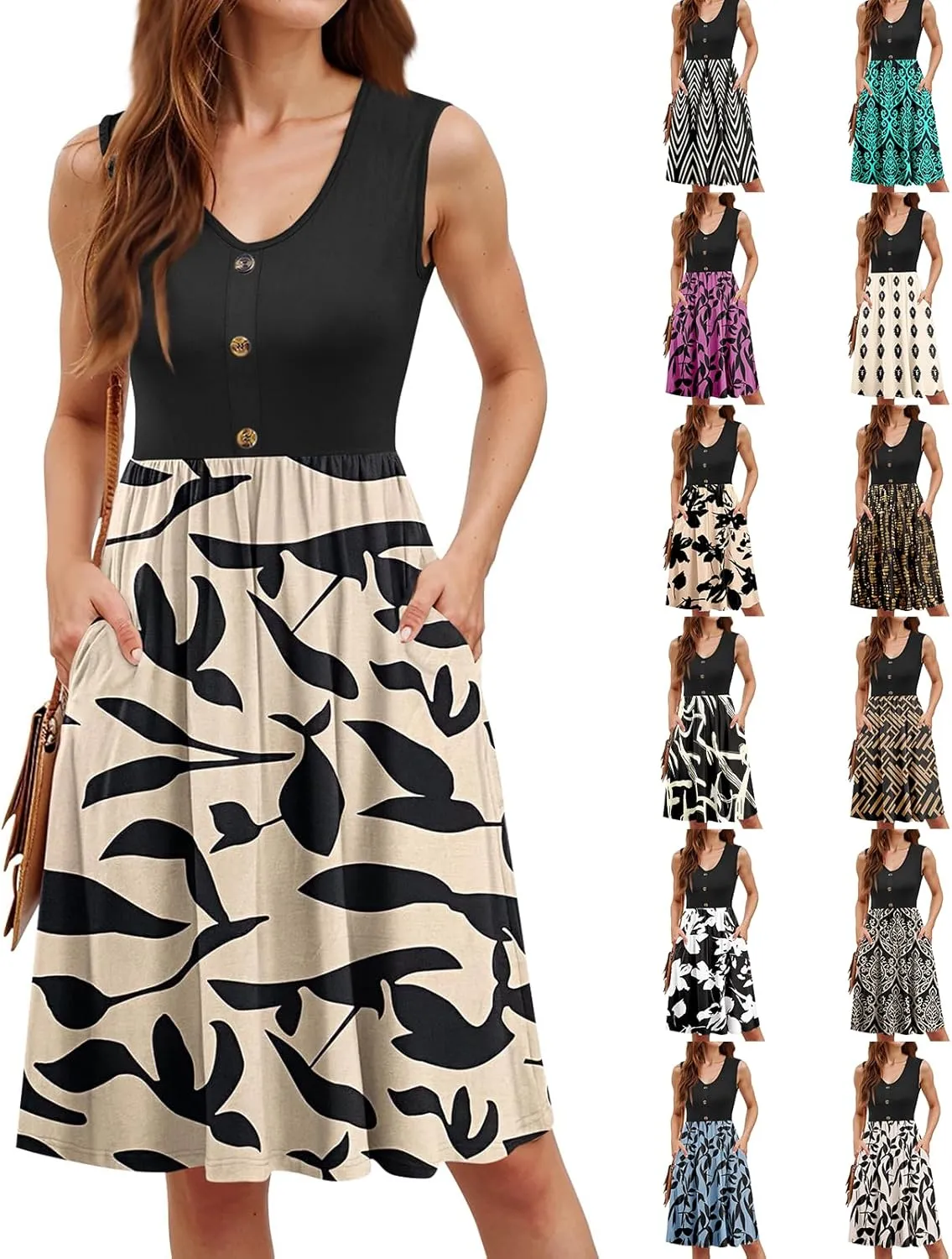 Womens Summer Casual Button Down Mini Dress Floral Beach Sundresses V Neck Flowy A Line Color Block Pocket Tank Dress