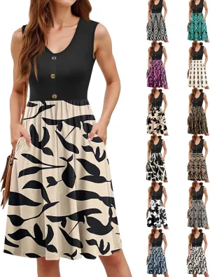 Womens Summer Casual Button Down Mini Dress Floral Beach Sundresses V Neck Flowy A Line Color Block Pocket Tank Dress