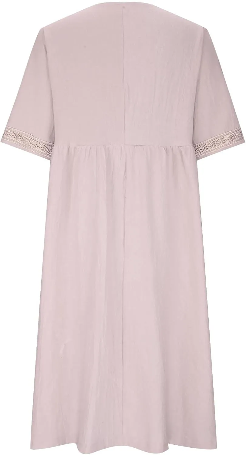 Women's Summer Casual Linen Dress Lace V Neck Half Sleeve A-Line Sundresses Pleated Flowy Loose Fit Midi Dresses