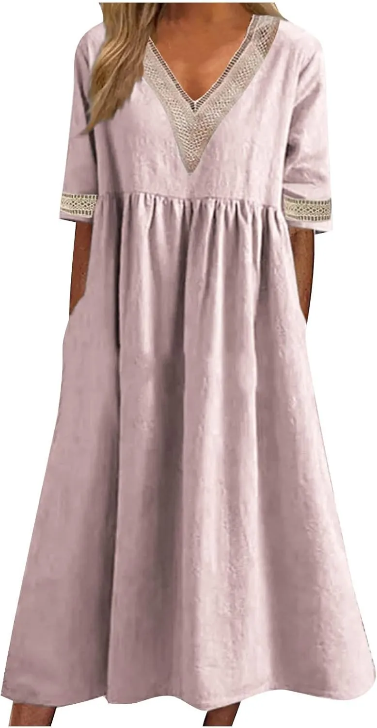 Women's Summer Casual Linen Dress Lace V Neck Half Sleeve A-Line Sundresses Pleated Flowy Loose Fit Midi Dresses