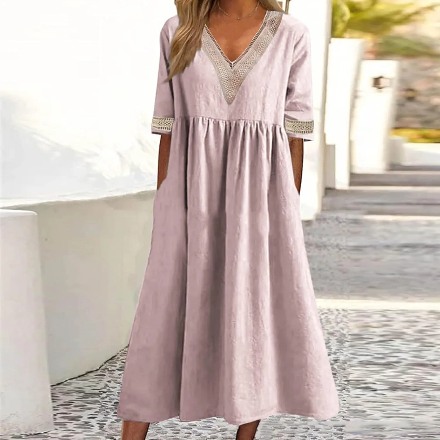 Women's Summer Casual Linen Dress Lace V Neck Half Sleeve A-Line Sundresses Pleated Flowy Loose Fit Midi Dresses