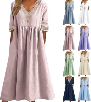 Women's Summer Casual Linen Dress Lace V Neck Half Sleeve A-Line Sundresses Pleated Flowy Loose Fit Midi Dresses
