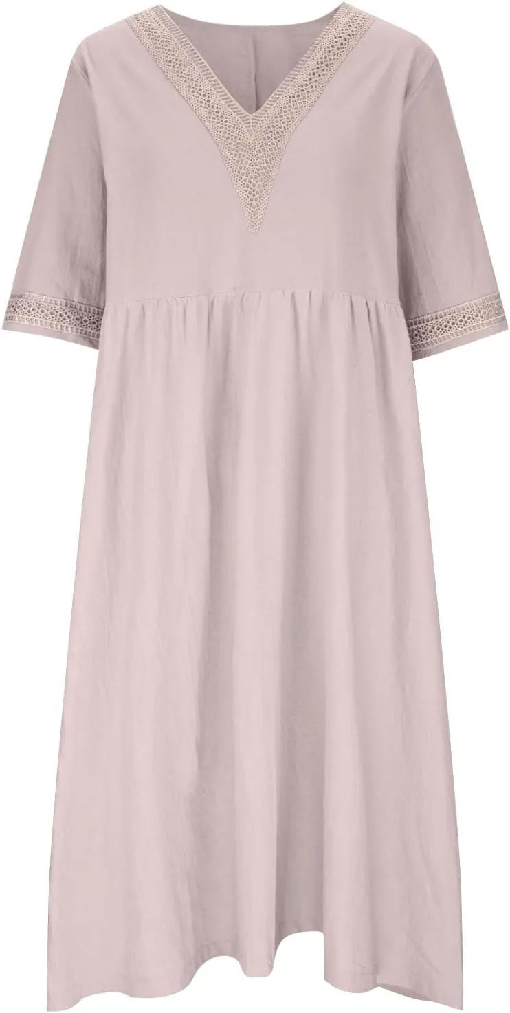 Women's Summer Casual Linen Dress Lace V Neck Half Sleeve A-Line Sundresses Pleated Flowy Loose Fit Midi Dresses